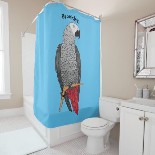 African grey parrot cartoon illustration  shower curtain