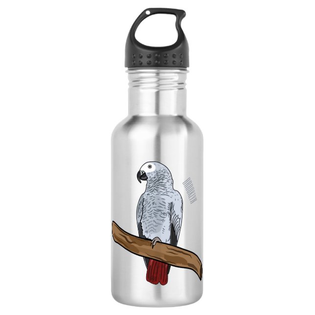 African grey parrot cartoon illustration  stainless steel water bottle (Front)