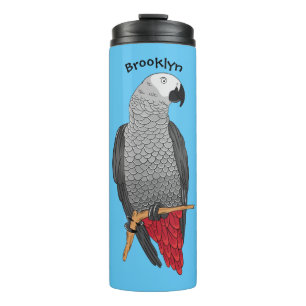 African grey parrot cartoon illustration thermal tumbler