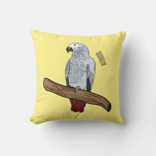 African grey parrot cartoon illustration throw pillow