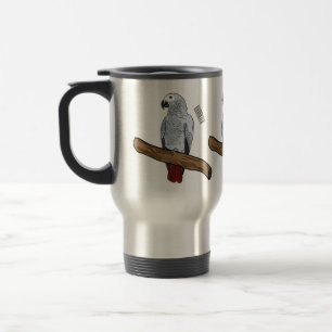 African grey parrot cartoon illustration travel mug