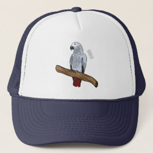 African grey parrot cartoon illustration trucker hat