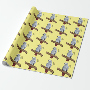 African grey parrot cartoon illustration wrapping paper