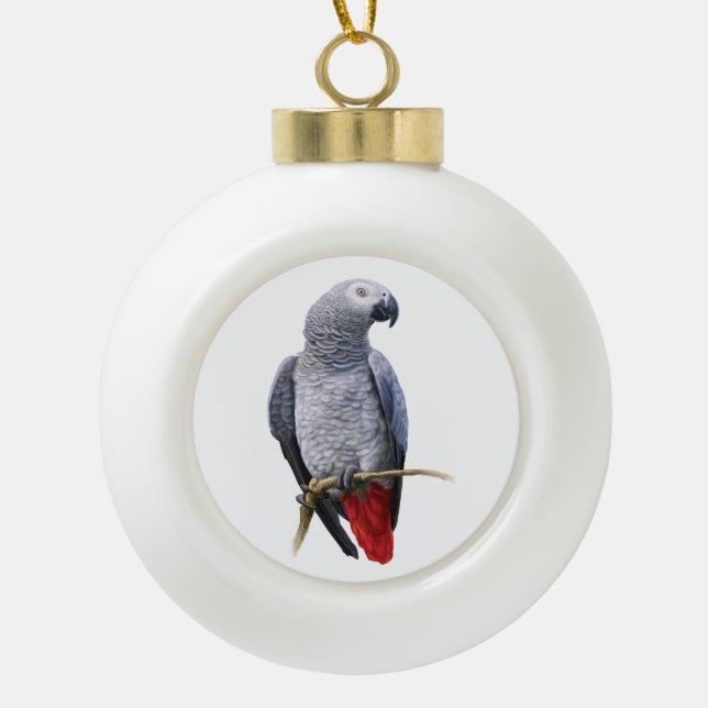African Grey Parrot Ceramic Ball Christmas Ornament (Front)