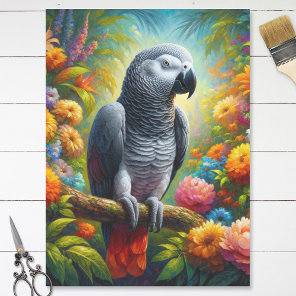 African Grey Parrot Colorful Flowers Decoupage Tissue Paper