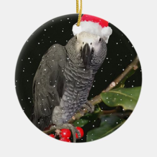 African Grey Parrot Holiday Season Ceramic Ornament