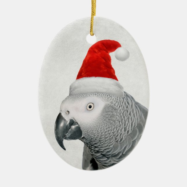 African Grey Parrot in a Santa Hat Ornament (Front)