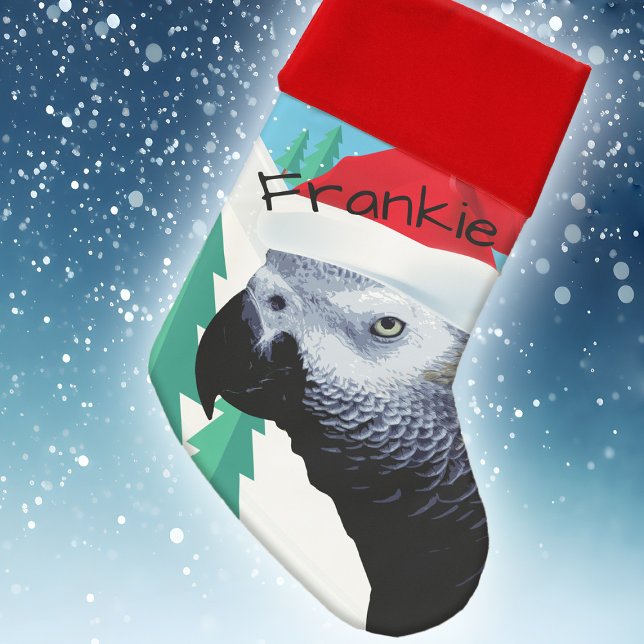 African Grey Parrot In Red Santa Hat Pet Bird Name Christmas Stocking (African Grey personalized Christmas stocking)