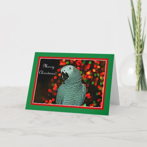 African Grey Parrot Painting with Christmas Tree Holiday Card