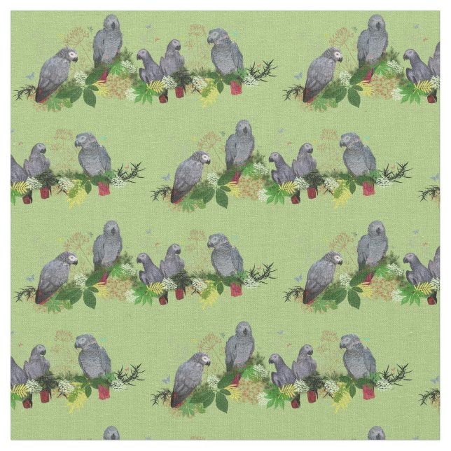 African Grey Parrot Party Fabric (Green) (Close Up)