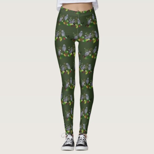 African Grey Parrot Party Leggings Dark Green