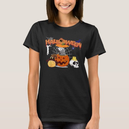 African Grey Parrot Pumpkin Witch Zombie Halloween T_Shirt