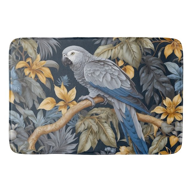 African Grey Parrot Tropical Leaves Bath Mat (Front)