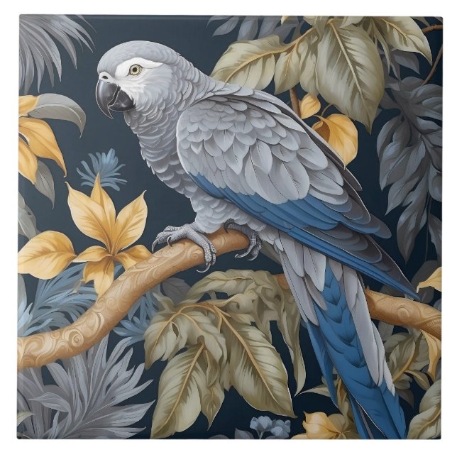 African Grey Parrot Tropical Leaves Ceramic Tile (Front)