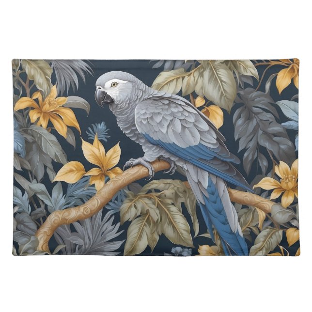 African Grey Parrot Tropical Leaves Cloth Placemat (Front)
