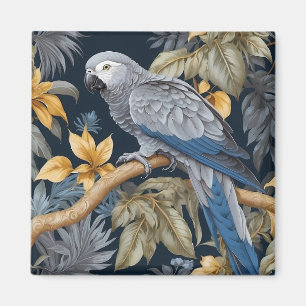 African Grey Parrot Tropical Leaves Magnet