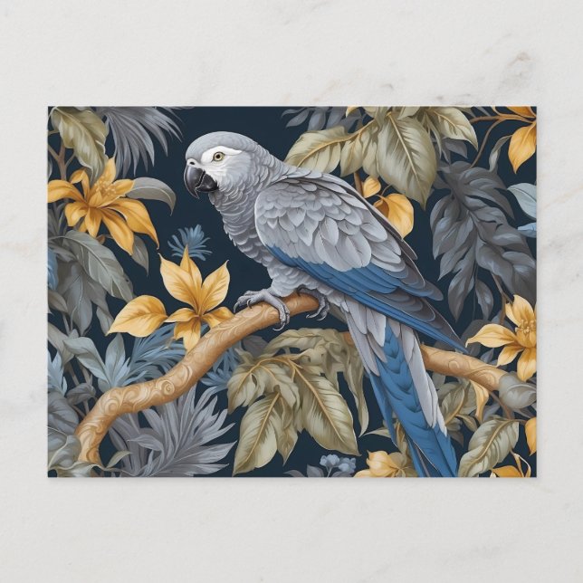African Grey Parrot Tropical Leaves Postcard (Front)