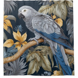 African Grey Parrot Tropical Leaves Shower Curtain