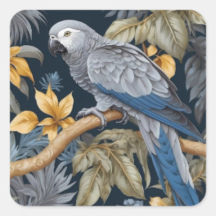 African Grey Parrot Tropical Leaves Square Sticker
