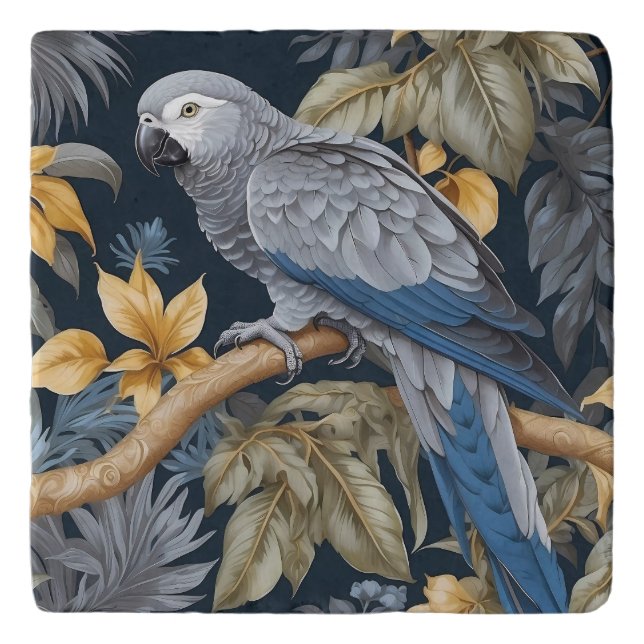 African Grey Parrot Tropical Leaves Trivet (Front)
