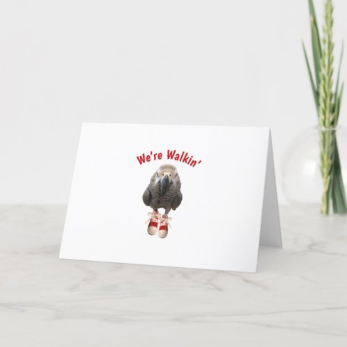 african grey parrot walking exercise tennis shoe holiday card