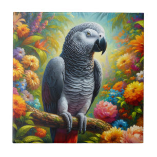 African Grey Parrot with Colorful Flowers Ceramic Tile