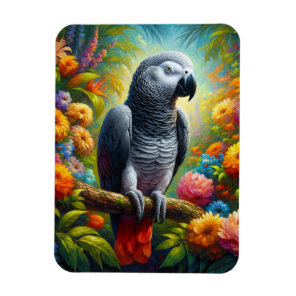 African Grey Parrot with Colorful Flowers Flexible Magnet