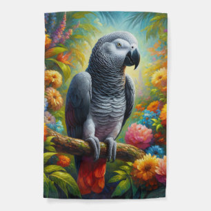 African Grey Parrot with Colorful Flowers Garden Flag