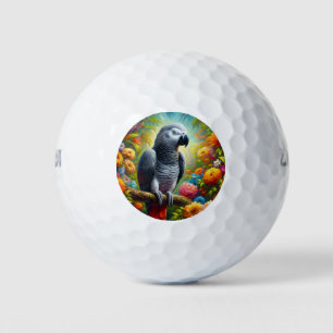 African Grey Parrot with Colorful Flowers Golf Balls