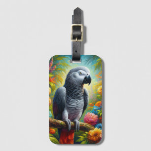 African Grey Parrot with Colorful Flowers Luggage Tag