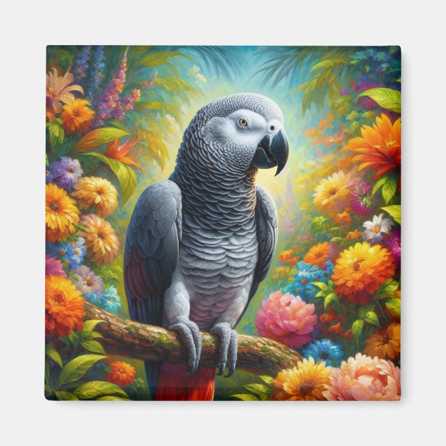 African Grey Parrot with Colorful Flowers Magnet (Front)