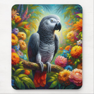 African Grey Parrot with Colorful Flowers Mouse Pad