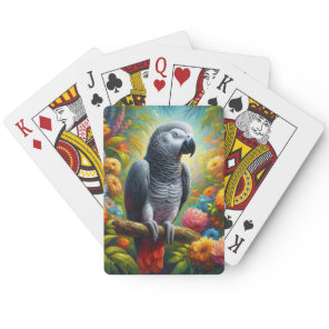 African Grey Parrot with Colorful Flowers Poker Cards