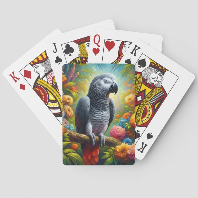 African Grey Parrot with Colorful Flowers Poker Cards (Back)