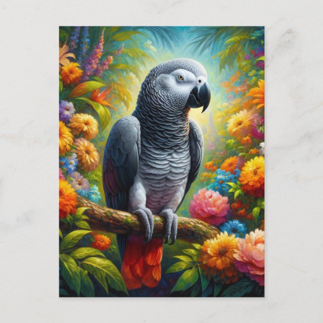 African Grey Parrot with Colorful Flowers Postcard (Front)