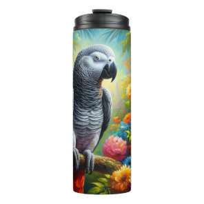 African Grey Parrot with Colorful Flowers Thermal Tumbler