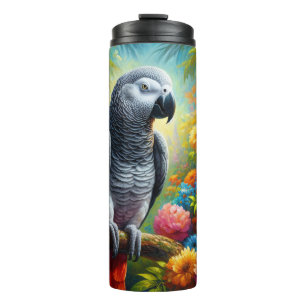 African Grey Parrot with Colorful Flowers Thermal Tumbler