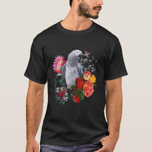 African Grey Parrot With Flowers And Butterfly T_Shirt