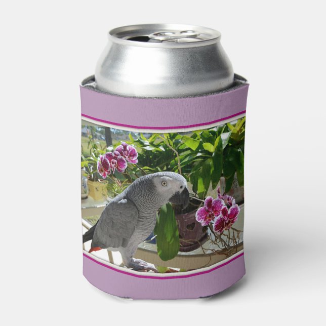 African Grey Parrot with Orchids Can Cooler (Can Front)