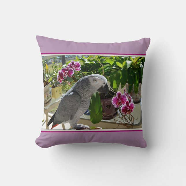 African Grey Parrot with Orchids Throw Pillow (Front)