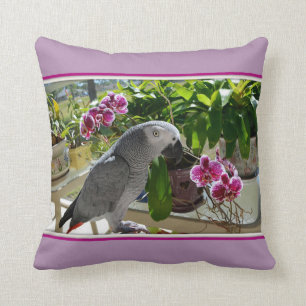 African Grey Parrot with Orchids Throw Pillow