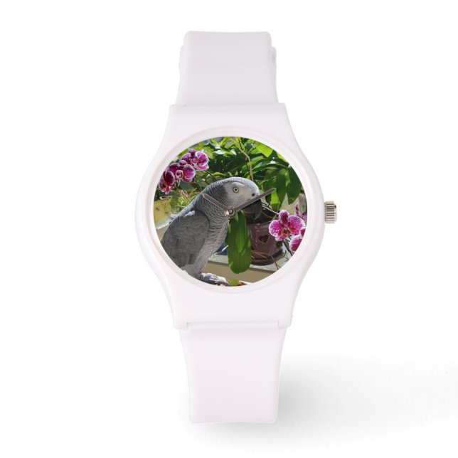 African Grey Parrot with Orchids Watch (Front)