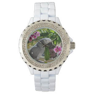 African Grey Parrot with Orchids Watch