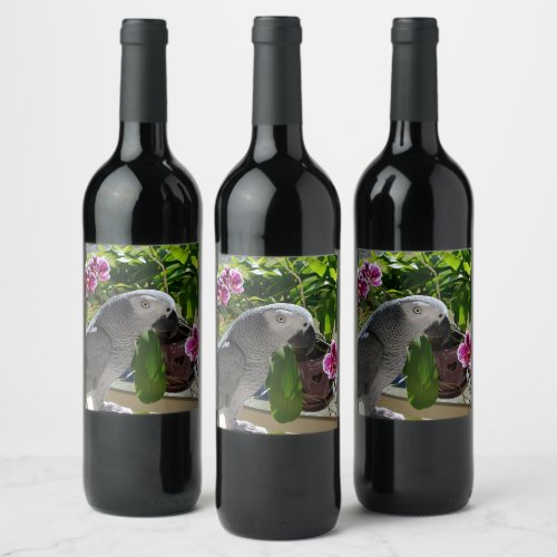 African Grey Parrot with Orchids Wine Label