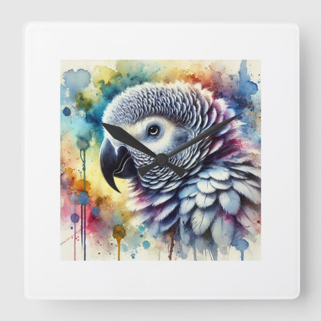 African Grey Parrot Yaco 060824AREF144 - Watercolo Square Wall Clock (Front)