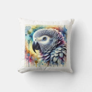 African Grey Parrot Yaco 060824AREF144 - Watercolo Throw Pillow