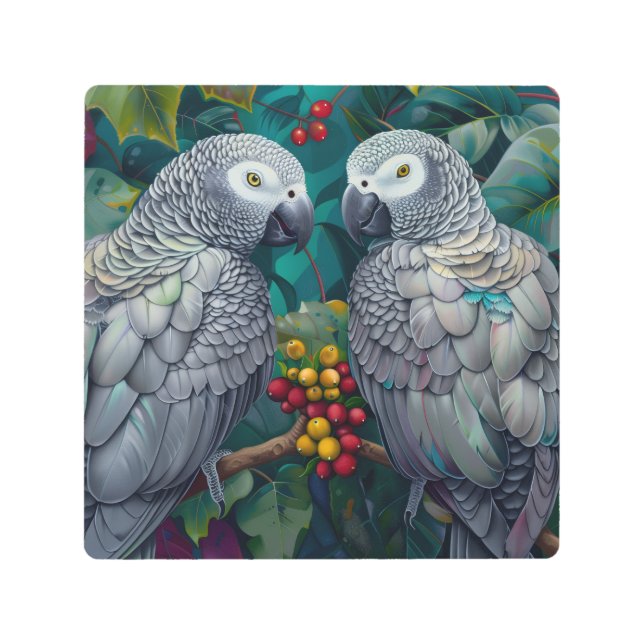 African Grey Parrots Persimmon-Berry Duet  Metal Print (Front)