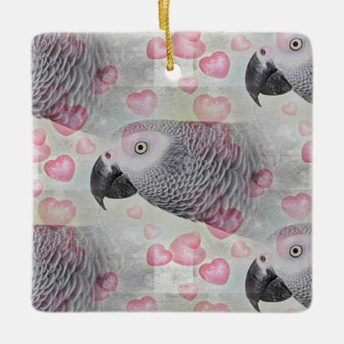 African Grey Puffy Hearts Ceramic Ornament