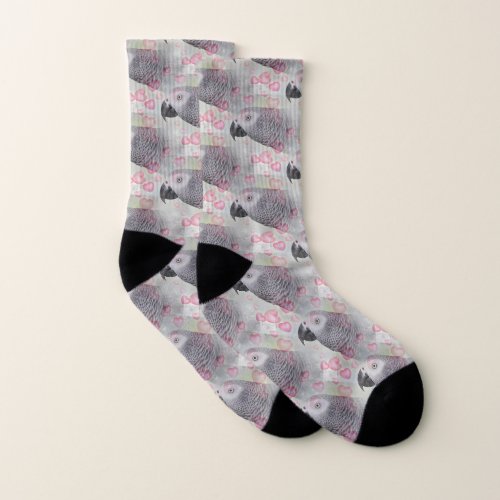 African Grey Puffy Hearts Socks