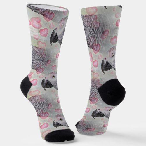 African Grey Puffy Hearts Socks